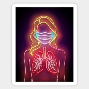 Glow Female Silhouette with Healthy Lungs and Face Mask Protective Sticker